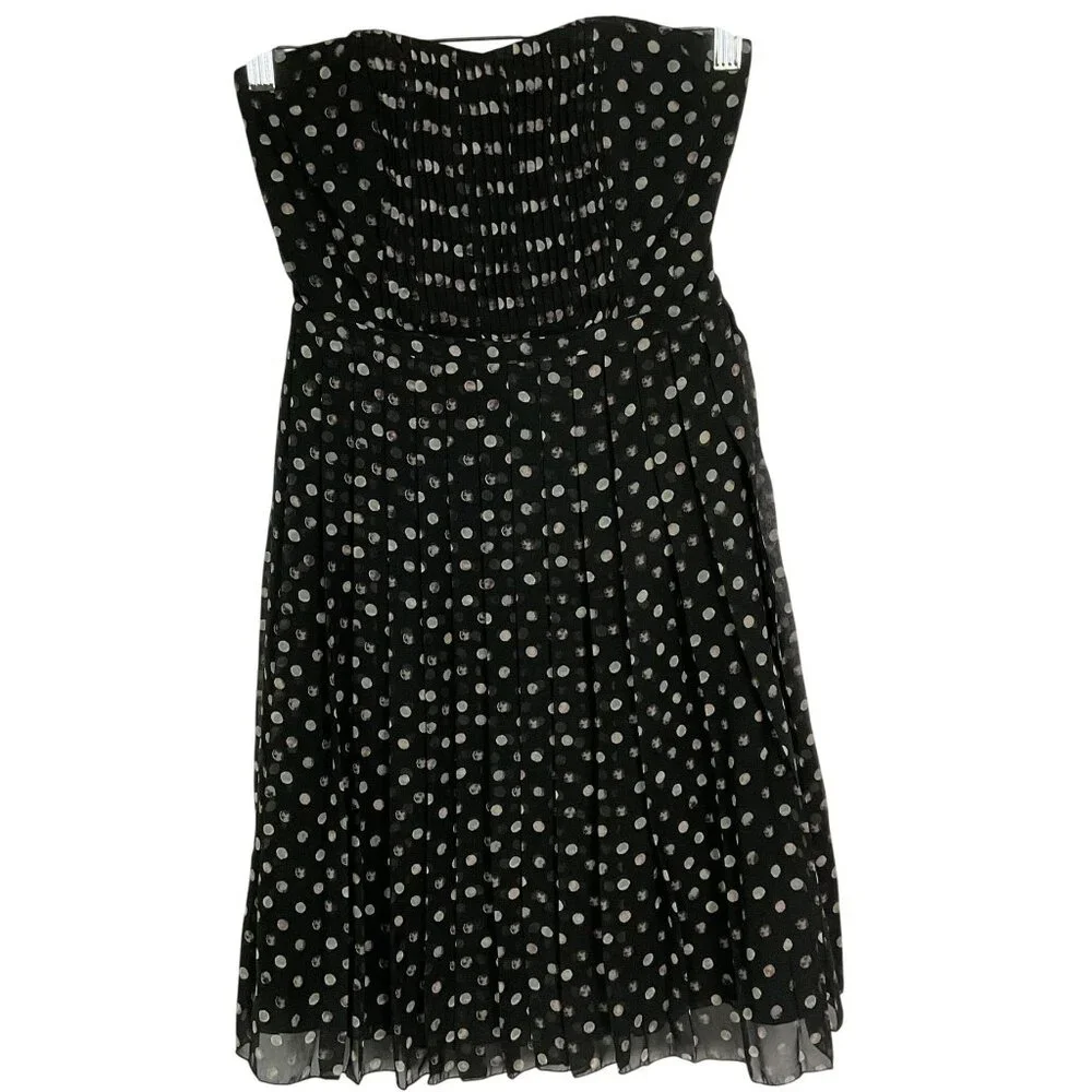 Broadway & Broome by J.CREW Polka Dot 100% Silk Pleated Strapless Dress, size 0